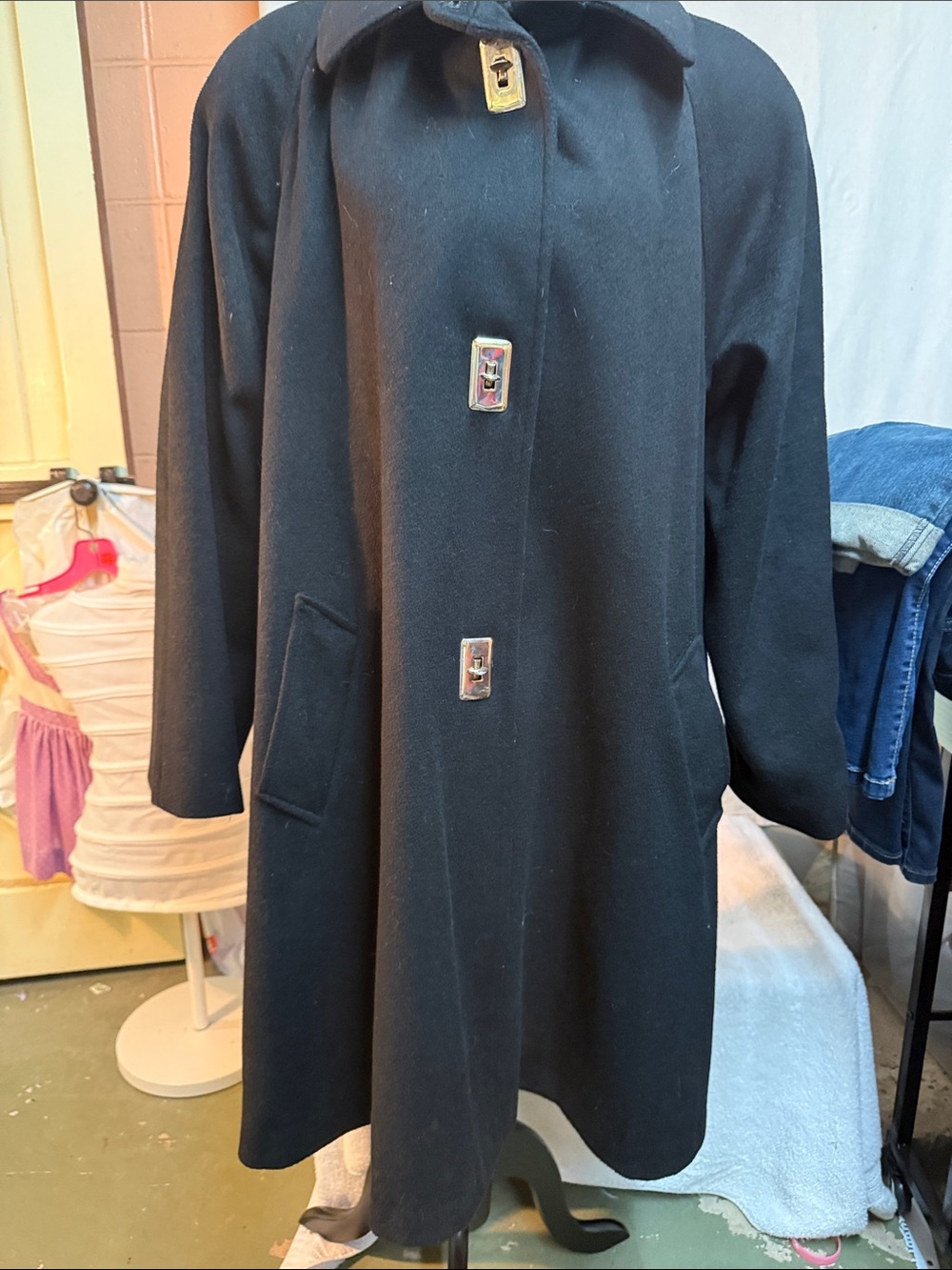 Classic Black Carol Horn Wool Pea Coat with Toggle-Style Closures